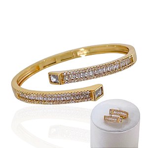 Conjunto Anel e Bracelete Folheado Ouro 18k e Prata 925 Quadrado Navetes Cravejado