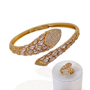 Conjunto Anel e Bracelete Folheado Ouro 18k e Prata 925 Gotas Navetes Cravejado