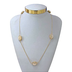 Colar Longo Folheado Ouro 18k e Prata 925 Malha Oval Pedraria