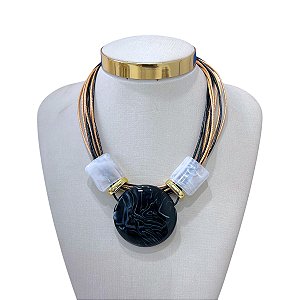 Colar Fios Couro Bijuteria Dourado Pedraria Redondo