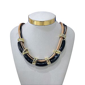 Colar Fios Couro Bijuteria Dourado Pedraria