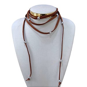 Choker Couro Bolinhas Bijuteria Dourado Country