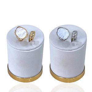 Anel Ajustável Bijuteria Dourado e Prata Madrepérola Martelado