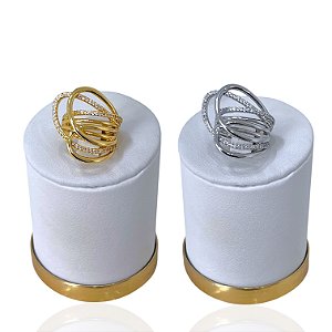 Anel Numeração Bijuteria Dourado e Prata Tiras Cravejadas