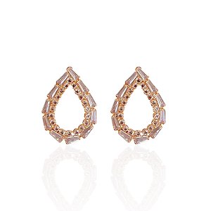 Brinco Folheado Ouro 18k e Prata 925 Gota Vazada Cravejada