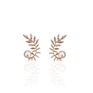 Brinco Folheado Ouro 18k e Prata 925 Ramos de Flor Cravejado