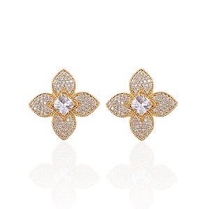 Brinco Folheado Ouro 18k e Prata 925 Flor Cravejada