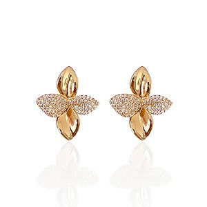 Brinco Folheado Ouro 18k e Prata 925 Flor Cravejada