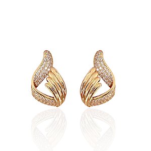 Brinco Folheado Ouro 18k e Prata 925 Gota Tiras Cravejada