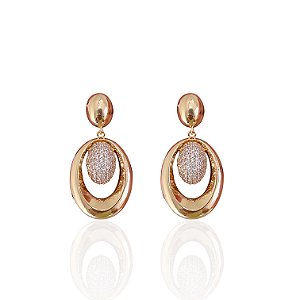 Brinco Folheado Ouro 18k e Prata 925 Oval Cravejado