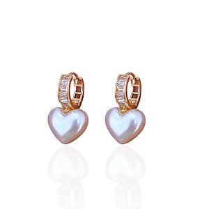 Brinco Folheado Ouro 18k e Prata 925 Argola Coração Pérola Cravejado