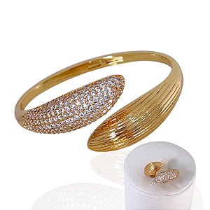 Conjunto Anel e Bracelete Folheado Ouro 18k e Prata 925 Gotas Dupla Cravejada