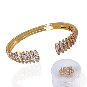 Conjunto Anel e Bracelete Folheado Ouro 18k e Prata 925 Tiras Cravejada