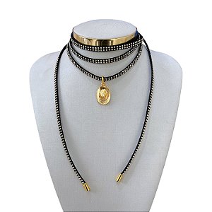 Choker Couro Bijuteria Dourado Country Chapéu
