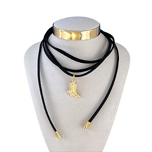 Choker Couro Bijuteria Dourado Country Bota