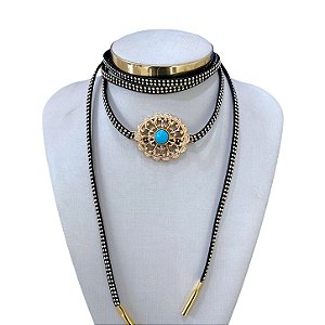 Choker Couro Bijuteria Dourado e prata Country Mandala Pedraria