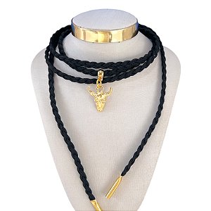 Choker Couro Bijuteria Dourado Country Trançado Touro