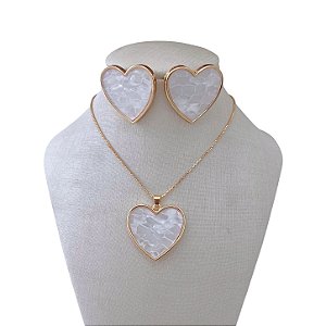 Conjunto Folheado Ouro 18k e Prata 925 Coração Madrepérola