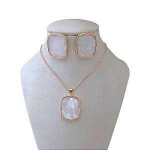 Conjunto Folheado Ouro 18k e Prata 925 Quadrado Madrepérola