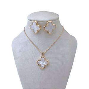 Conjunto Folheado Ouro 18k e Prata 925 Trevo Madrepérola