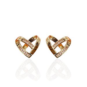 Brinco Folheado Ouro 18k e Prata 925 Coração Trançado Cravejado