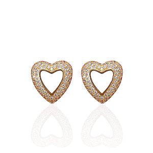 Brinco Folheado Ouro 18k e Prata 925 Coração Vazado Cravejado