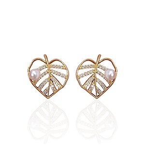 Brinco Folheado Ouro 18k e Prata 925 Folha Pérola Cravejada