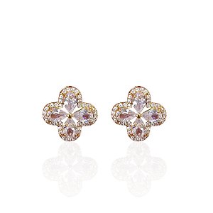 Brinco Folheado Ouro 18k e Prata 925 Flor Cravejada