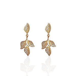 Brinco Folheado Ouro 18k e Prata 925 Folhas Cravejada