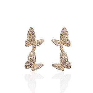 Brinco Folheado Ouro 18k e Prata 925 Borboletas Cravejada