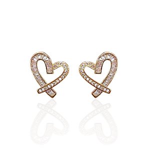 Brinco Folheado Ouro 18k e Prata 925 Coração Cravejado