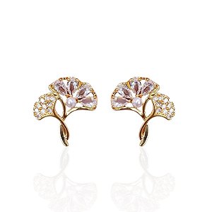 Brinco Folheado Ouro 18k e Prata 925 Árvore Pérola Cravejada