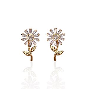 Brinco Folheado Ouro 18k e Prata 925 Flor Girassol Cravejada