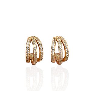 Brinco Folheado Ouro 18k e Prata 925 Argola Tiras Cravejada