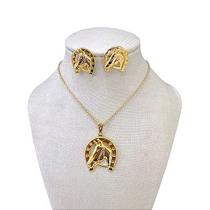 Conjunto Folheado Ouro 18k e Prata 925 Ferradura Cavalo