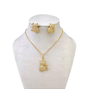 Conjunto Folheado Ouro 18k e Prata 925 Inspired Gato Cravejado