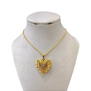 Colar Folheado Ouro 18k e Prata 925 Relicário Coração