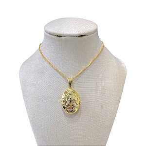Colar Folheado Ouro 18k e Prata 925 Relicário Oval Nossa Senhora