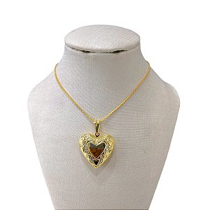 Colar Folheado Ouro 18k e Prata 925 Relicário Coração Dsenhado