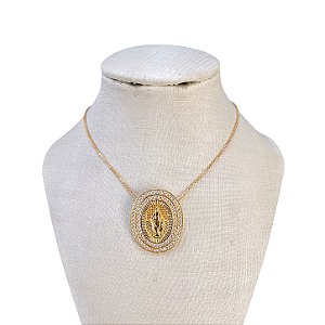 Colar Folheado Ouro 18k e Prata 925 Oval Nossa Senhora das Graças Cravejado