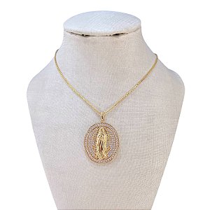 Colar Folheado Ouro 18k e Prata 925 Oval Nossa Senhora de Fatima Cravejada