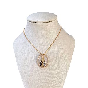 Colar Folheado Ouro 18k e Prata 925 Nossa Senhora Cravejada