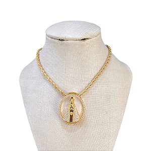 Colar Folheado Ouro 18k e Prata 925 Cordão Baiano Nossa Senhora Cravejada