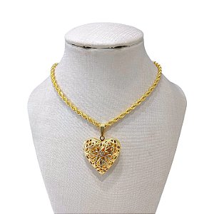 Colar Folheado Ouro 18k e Prata 925 Cordão Baiano Relicário Coração