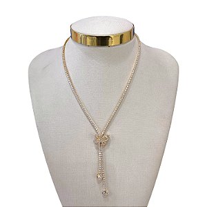 Colar Folheado Ouro 18k e Prata 925 Gravatinha Borboleta Cravejada