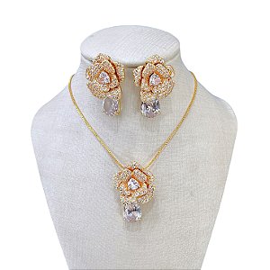 Conjunto Folheado Ouro 18k e Prata 925 Flor Cravejada Gota