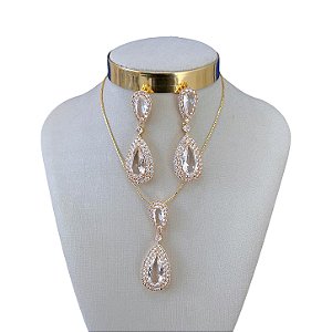 Conjunto Folheado Ouro 18k e Prata 925 Gota Comprida Cravejada