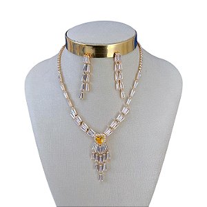 Conjunto Folheado Ouro 18k e Prata 925 Coração Riviera Cravejada