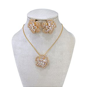Conjunto Folheado Ouro 18k e Prata 925 Flor Cravejada