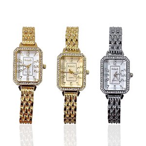 Relógio Aço Feminino Quadrado Cravejado Mini